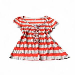 Vintage Old Navy Orange & Grey Striped Scoop Neck Henley Blouse Size Medium